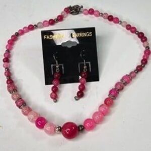 Pink Dragon Vein Agate Necklace and Earrings Set
